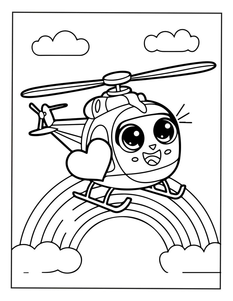 Puede incluir: Una p&aacute;gina para colorear en blanco y negro con un helic&oacute;ptero de dibujos animados con ojos grandes y una cara sonriente. El helic&oacute;ptero vuela sobre un arco&iacute;ris y nubes, sosteniendo un coraz&oacute;n en su costado. El dise&ntilde;o tiene contornos gruesos.