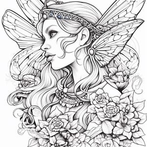 May include: A black and white line art illustration featuring a profile view of a figure with large, detailed insect-like wings, wearing an ornate headband and necklace, surrounded by a dense arrangement of various blooming flowers and leaves.