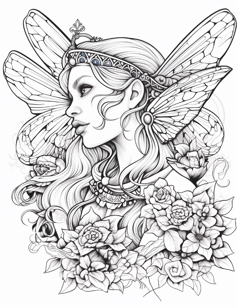 May include: A black and white line art illustration featuring a profile view of a figure with large, detailed insect-like wings, wearing an ornate headband and necklace, surrounded by a dense arrangement of various blooming flowers and leaves.