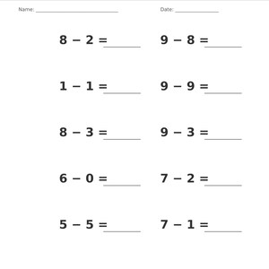 May include: A white educational worksheet titled Subtraction &bull; Single Digit with a gray header. It features ten math problems arranged in two columns, including 8-2, 9-8, 1-1, 9-9, 8-3, 9-3, 6-0, 7-2, 5-5, and 7-1. Includes lines for Name and Date.