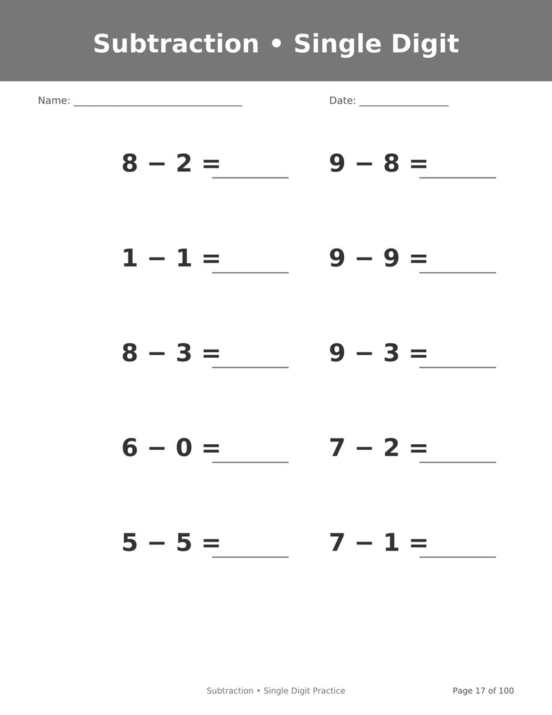 May include: A white educational worksheet titled Subtraction &bull; Single Digit with a gray header. It features ten math problems arranged in two columns, including 8-2, 9-8, 1-1, 9-9, 8-3, 9-3, 6-0, 7-2, 5-5, and 7-1. Includes lines for Name and Date.