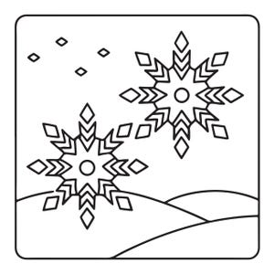 May include: A black and white line art illustration featuring two large, detailed snowflakes positioned above rolling hills. Small diamond-shaped accents are scattered in the upper left corner, all contained within a square frame with rounded corners.