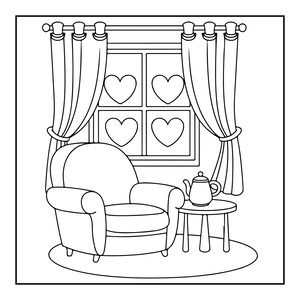 A black and white line art coloring page showing an armchair next to a small table with a teapot, in front of a window with heart-shaped panes.
