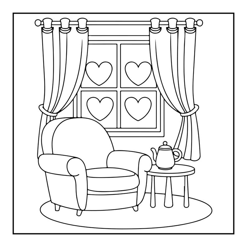 A black and white line art coloring page showing an armchair next to a small table with a teapot, in front of a window with heart-shaped panes.
