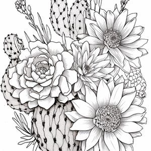 Pode incluir: Uma ilustra&ccedil;&atilde;o de arte linear em preto e branco apresentando um grupo de v&aacute;rios cactos e suculentas com flores desabrochando. O desenho inclui texturas detalhadas nas paletas dos cactos, agulhas espinhosas e p&eacute;talas em camadas.