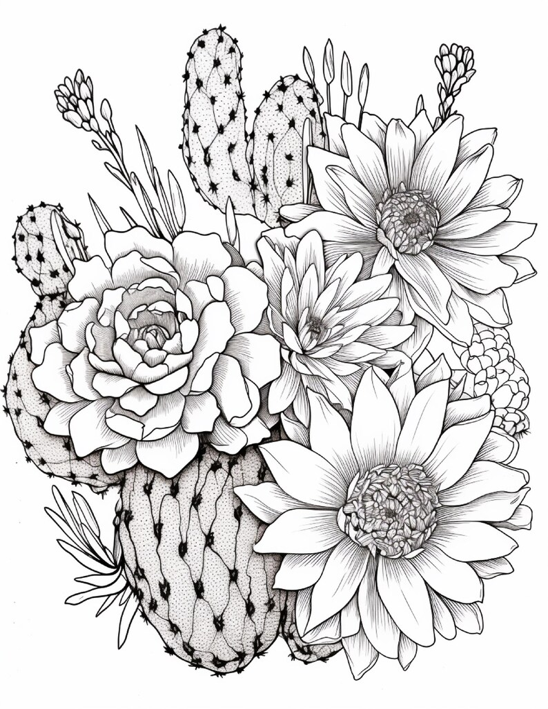 Pode incluir: Uma ilustra&ccedil;&atilde;o de arte linear em preto e branco apresentando um grupo de v&aacute;rios cactos e suculentas com flores desabrochando. O desenho inclui texturas detalhadas nas paletas dos cactos, agulhas espinhosas e p&eacute;talas em camadas.