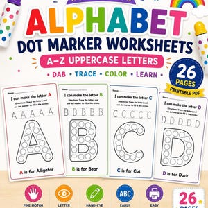 A promotional graphic displaying alphabet dot marker worksheets with four sample pages showing letters A through D, text reading Premium Alphabet Dot Marker Worksheets, and skill icons below.