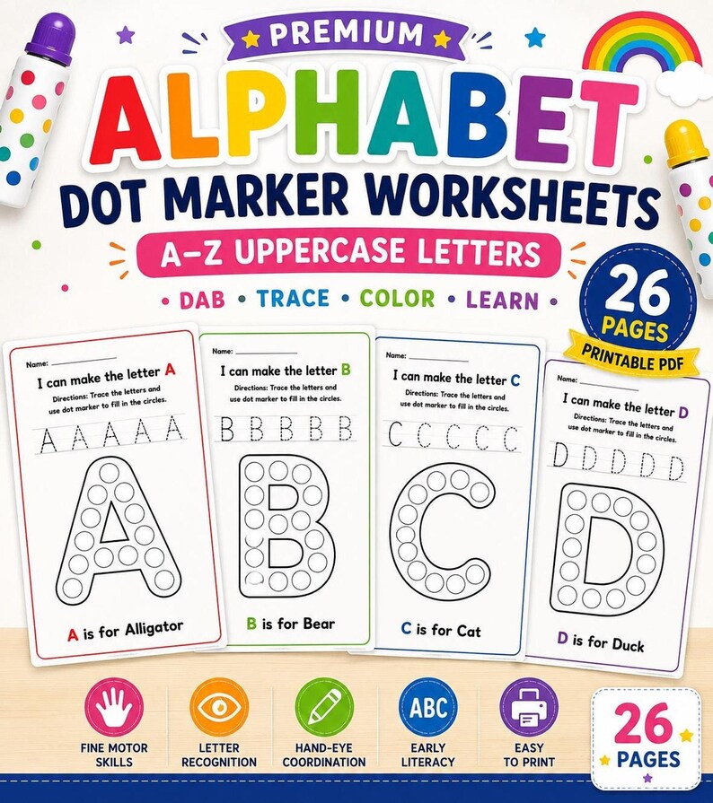 A promotional graphic displaying alphabet dot marker worksheets with four sample pages showing letters A through D, text reading Premium Alphabet Dot Marker Worksheets, and skill icons below.