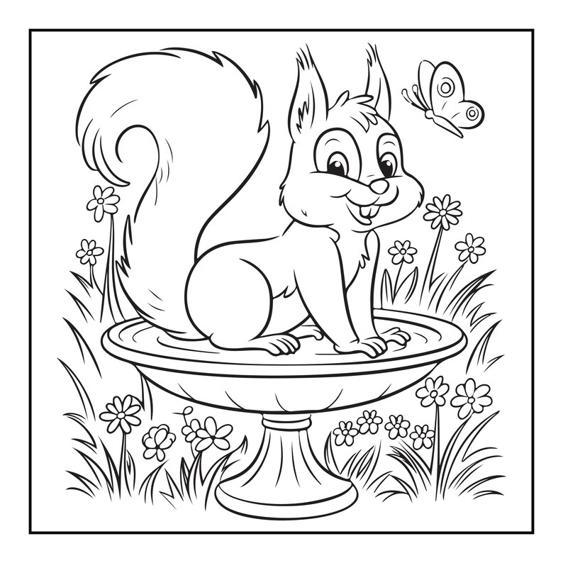 May include: A black and white line art illustration of a squirrel sitting inside a birdbath. The squirrel has a large bushy tail and is surrounded by grass and flowers. A butterfly is flying near the squirrel's head in the upper right corner.