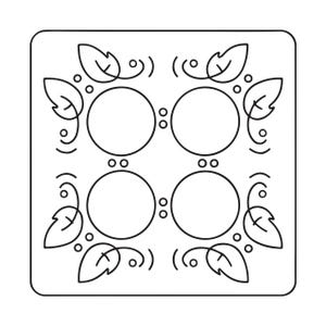 May include: A square stencil featuring a black line art design on a white background. The pattern consists of four central circles arranged in a grid, surrounded by decorative swirling flourishes, small dots, and eight stylized leaf shapes.