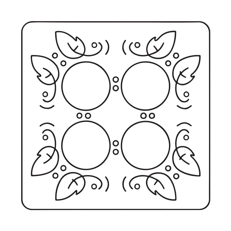 May include: A square stencil featuring a black line art design on a white background. The pattern consists of four central circles arranged in a grid, surrounded by decorative swirling flourishes, small dots, and eight stylized leaf shapes.