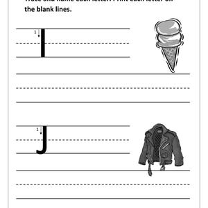 May include: An educational worksheet with the text Name, Trace and name each letter. Print each letter on the blank lines. It features the letter I with an ice cream cone illustration and the letter J with a leather jacket illustration.
