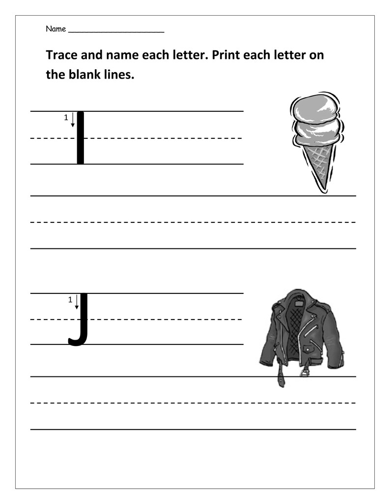 May include: An educational worksheet with the text Name, Trace and name each letter. Print each letter on the blank lines. It features the letter I with an ice cream cone illustration and the letter J with a leather jacket illustration.