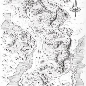 Pode incluir: Uma ilustra&ccedil;&atilde;o a tinta preta e branca de um mapa de fantasia com cadeias de montanhas irregulares, rios sinuosos, florestas dispersas e plan&iacute;cies. No canto superior direito, uma torre alta e esguia destaca-se sobre a paisagem.