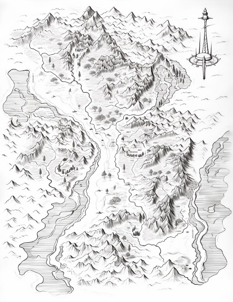 Pode incluir: Uma ilustra&ccedil;&atilde;o a tinta preta e branca de um mapa de fantasia com cadeias de montanhas irregulares, rios sinuosos, florestas dispersas e plan&iacute;cies. No canto superior direito, uma torre alta e esguia destaca-se sobre a paisagem.