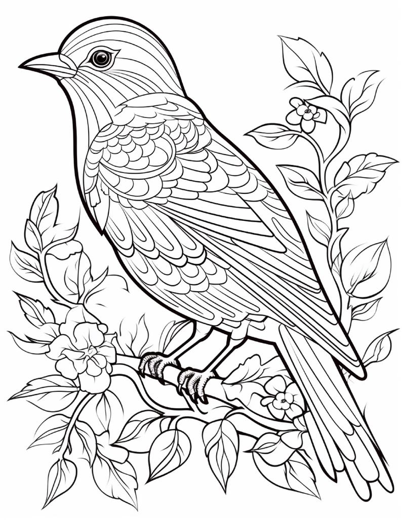 May include: A black and white line art illustration of a bird perched on a flowering branch. The bird features detailed feather patterns, while the surrounding foliage includes leaves and small blossoms, creating a clear, high-contrast design.