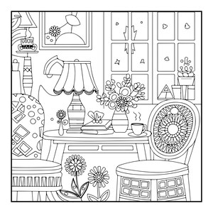 May include: A black and white line art illustration of an interior scene featuring a table with a lamp, a vase of flowers, and a steaming cup. A patterned chair sits to the right, while a second chair is partially visible on the left.