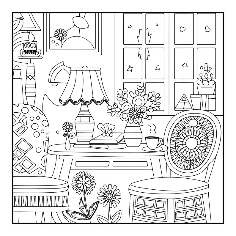May include: A black and white line art illustration of an interior scene featuring a table with a lamp, a vase of flowers, and a steaming cup. A patterned chair sits to the right, while a second chair is partially visible on the left.
