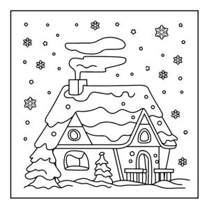 May include: A black and white line art colouring page featuring a small house with a snow-covered roof and chimney emitting smoke. The scene includes falling snowflakes, a small pine tree, and a front porch, all rendered in a simple outline style.