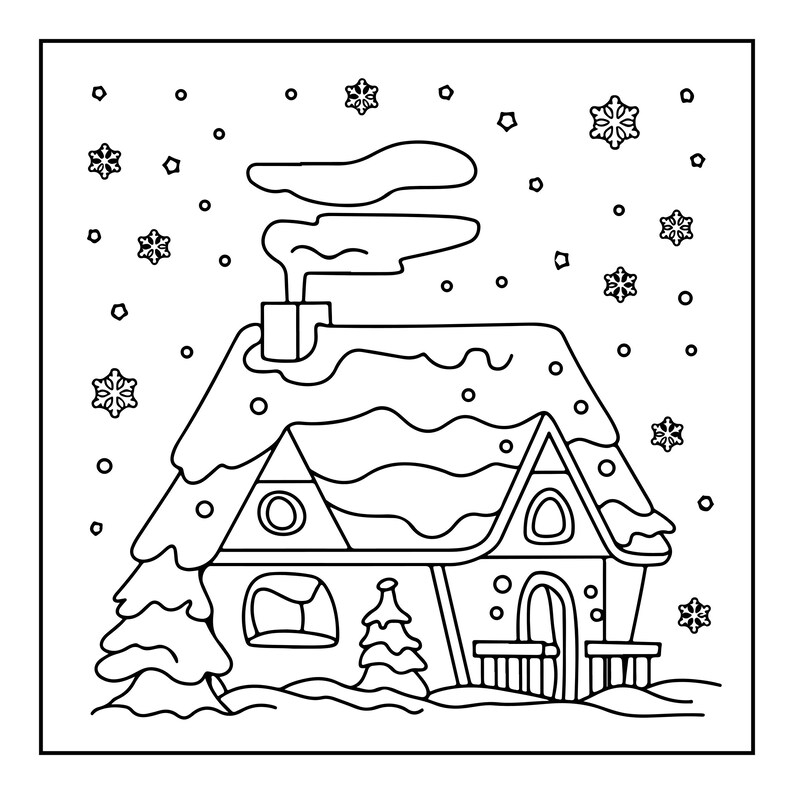 May include: A black and white line art colouring page featuring a small house with a snow-covered roof and chimney emitting smoke. The scene includes falling snowflakes, a small pine tree, and a front porch, all rendered in a simple outline style.