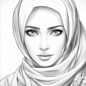 Pu&ograve; includere: Un'illustrazione in bianco e nero di una persona che indossa un hijab. Il disegno presenta tratti del viso dettagliati, tra cui sopracciglia, ciglia e labbra definite, con ombreggiature morbide e un motivo floreale decorativo sul tessuto.