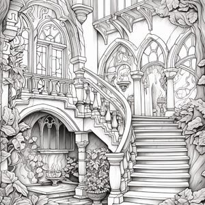 Puede incluir: Una ilustraci&oacute;n de arte lineal en blanco y negro de una estructura arquitect&oacute;nica de varios niveles con una gran escalera curva, ventanas arqueadas, balaustradas de piedra y columnas ornamentadas, rodeada de follaje denso.