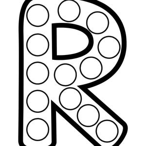 Black and white outline of the uppercase letter R filled with circular dot marker spaces.