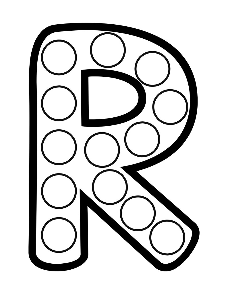 Black and white outline of the uppercase letter R filled with circular dot marker spaces.