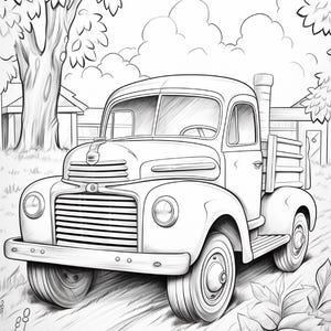 May include: A black and white line art illustration of a vintage pickup truck parked on a dirt path. The truck features a prominent front grille, rounded fenders, and a flatbed. A large tree stands to the left, with clouds and foliage in the background.