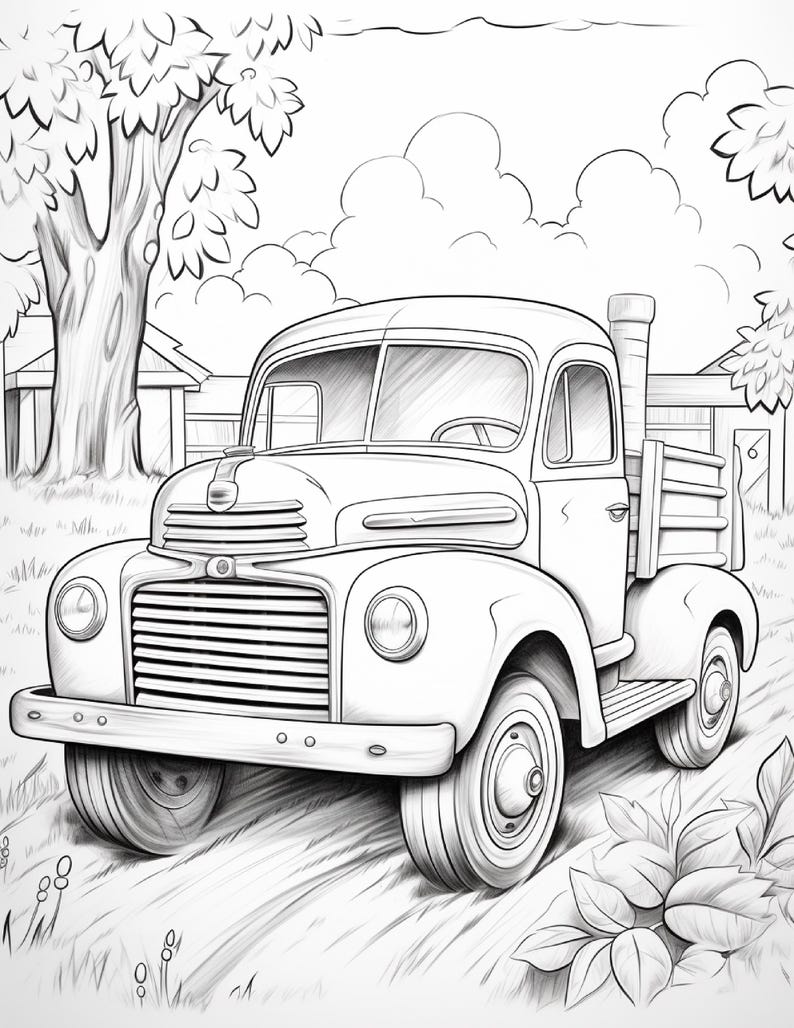 May include: A black and white line art illustration of a vintage pickup truck parked on a dirt path. The truck features a prominent front grille, rounded fenders, and a flatbed. A large tree stands to the left, with clouds and foliage in the background.