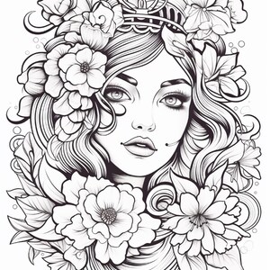 May include: A black and white line art illustration featuring a portrait of a person with long wavy hair adorned with large blooming flowers. The person has detailed eyes, defined eyebrows, and a small beauty mark on the cheek, surrounded by foliage.
