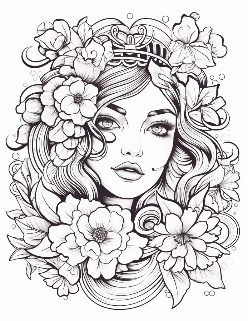 May include: A black and white line art illustration featuring a portrait of a person with long wavy hair adorned with large blooming flowers. The person has detailed eyes, defined eyebrows, and a small beauty mark on the cheek, surrounded by foliage.
