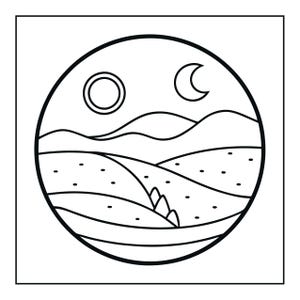 May include: A circular black and white line art illustration featuring a landscape with rolling hills, a small cluster of trees, a sun, and a crescent moon in the sky. The design is enclosed within a thick circular border on a square background.
