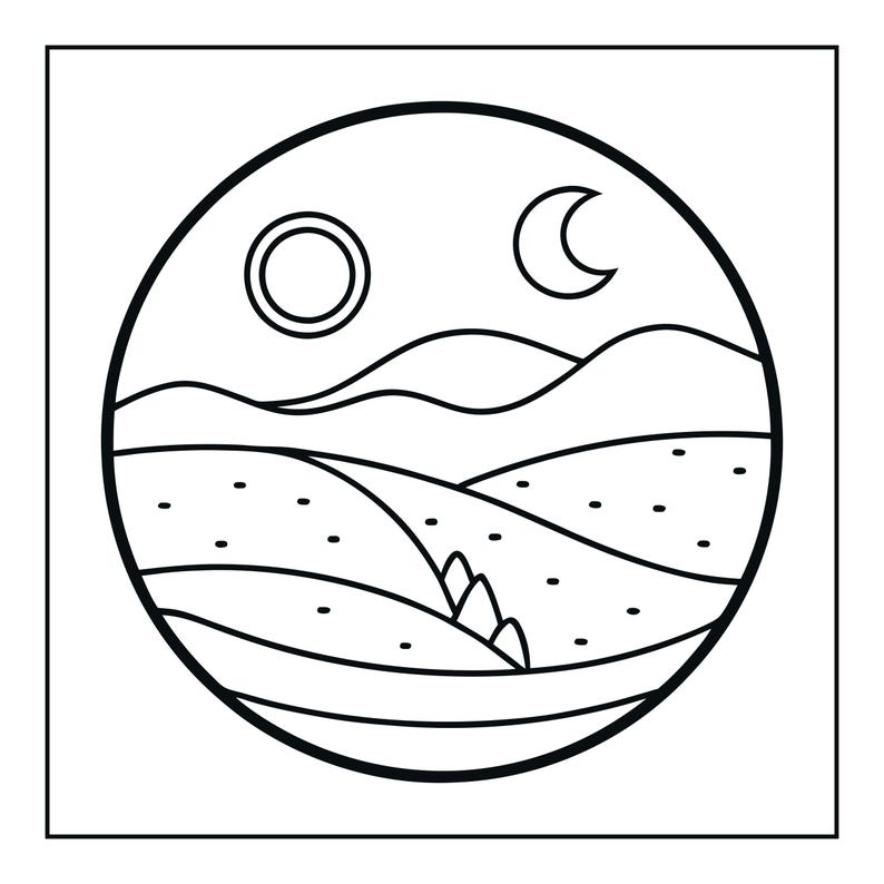 May include: A circular black and white line art illustration featuring a landscape with rolling hills, a small cluster of trees, a sun, and a crescent moon in the sky. The design is enclosed within a thick circular border on a square background.