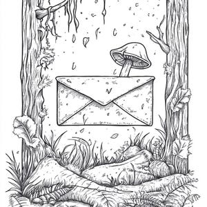 Puede incluir: Una ilustraci&oacute;n de arte lineal en blanco y negro que presenta un sobre central con una peque&ntilde;a letra V en la solapa. Un hongo crece detr&aacute;s del sobre, enmarcado por dos troncos de &aacute;rbol texturizados, vegetaci&oacute;n del suelo y hojas.