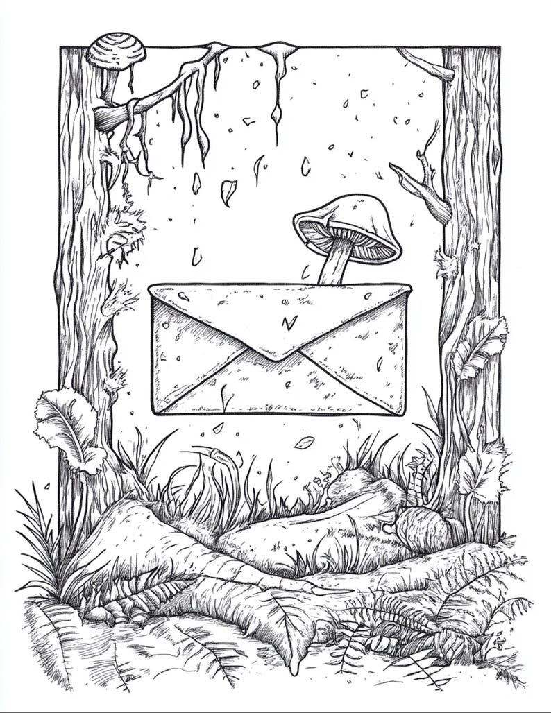 Puede incluir: Una ilustraci&oacute;n de arte lineal en blanco y negro que presenta un sobre central con una peque&ntilde;a letra V en la solapa. Un hongo crece detr&aacute;s del sobre, enmarcado por dos troncos de &aacute;rbol texturizados, vegetaci&oacute;n del suelo y hojas.