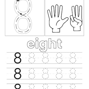 May include: A black and white educational worksheet featuring the number 8 with directional arrows for tracing, an illustration of two hands showing eight fingers, the word eight in lowercase, and three rows of practice lines for tracing the number 8.