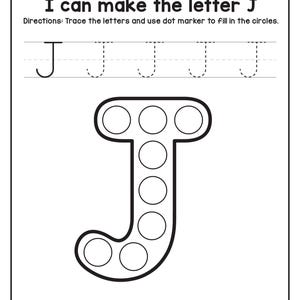 A black and white tracing and dot marker worksheet for the letter J featuring a jellyfish outline filled with circles.