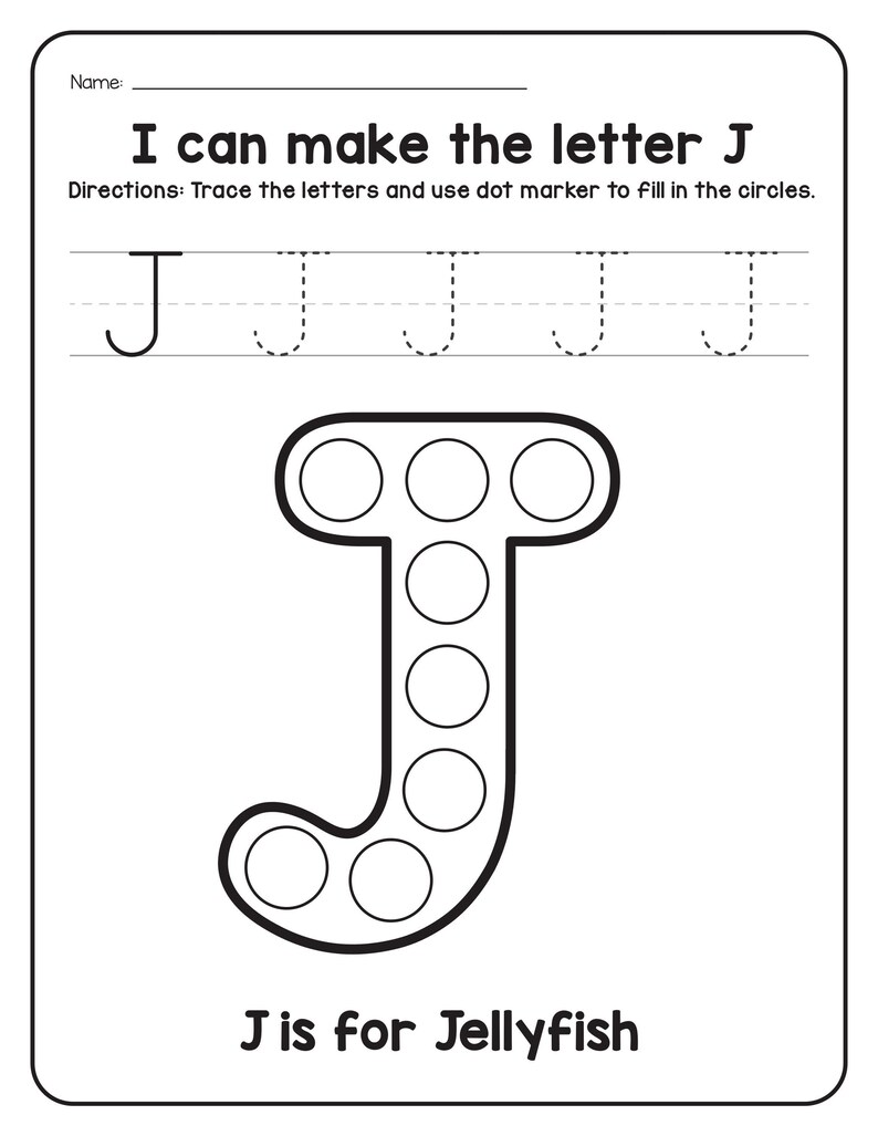 A black and white tracing and dot marker worksheet for the letter J featuring a jellyfish outline filled with circles.
