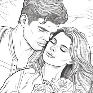May include: A black and white line art illustration featuring a person with wavy hair leaning toward another person with long flowing hair. The second person holds a bouquet of roses near their chest. The background includes stylized leaf outlines.