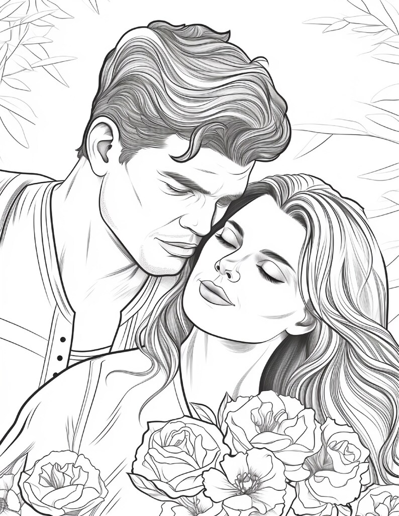 May include: A black and white line art illustration featuring a person with wavy hair leaning toward another person with long flowing hair. The second person holds a bouquet of roses near their chest. The background includes stylized leaf outlines.