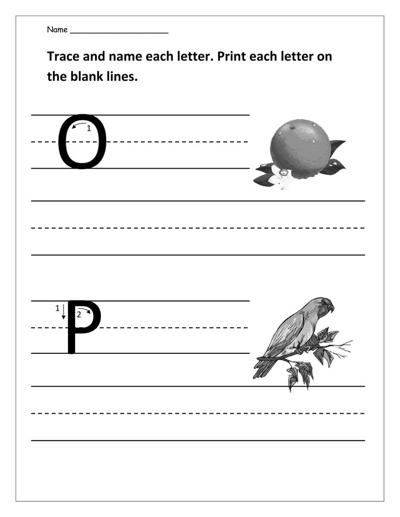 May include: An educational worksheet with the text Trace and name each letter. Print each letter on the blank lines. It features the uppercase letter O with an orange illustration and the uppercase letter P with a parrot illustration on branches.