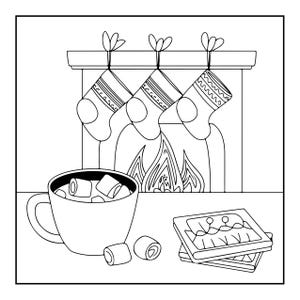 May include: A black and white line art illustration featuring a fireplace with three hanging Christmas stockings, a mug filled with marshmallows, two loose marshmallows, and a stack of two square waffles on a flat surface in the foreground.