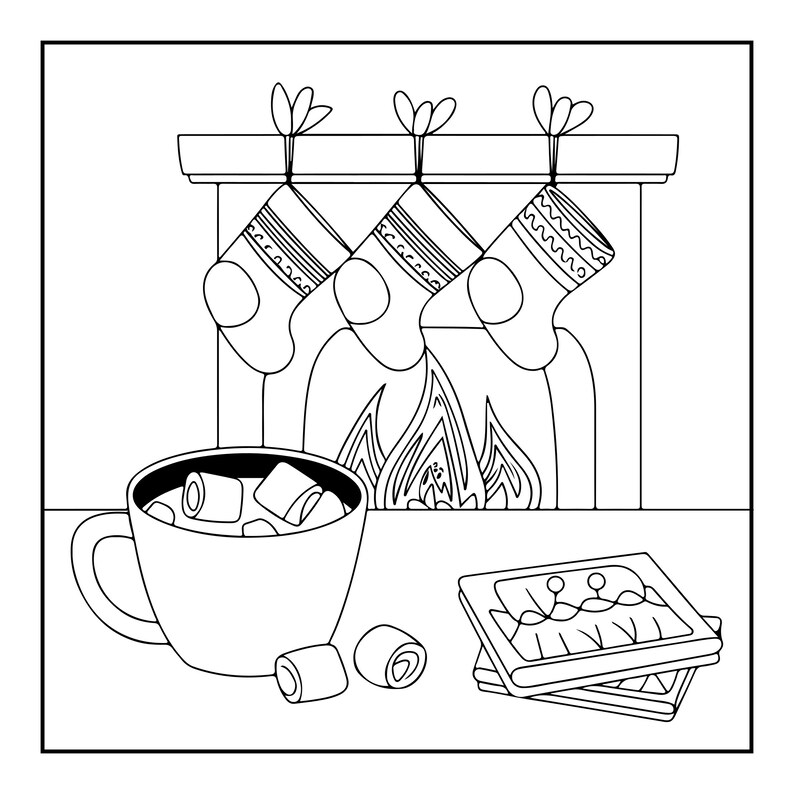 May include: A black and white line art illustration featuring a fireplace with three hanging Christmas stockings, a mug filled with marshmallows, two loose marshmallows, and a stack of two square waffles on a flat surface in the foreground.