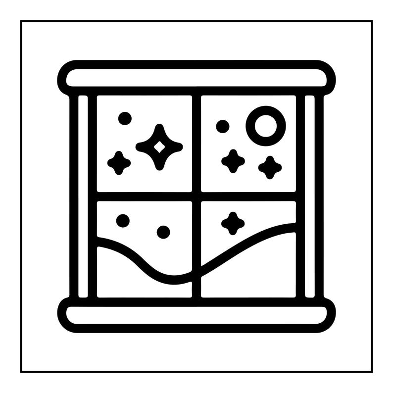 May include: A black and white line art icon of a square window divided into four panes. The top panes display stars and a moon, while the bottom panes show a curved horizon line representing a landscape, all rendered in a simple graphic style.