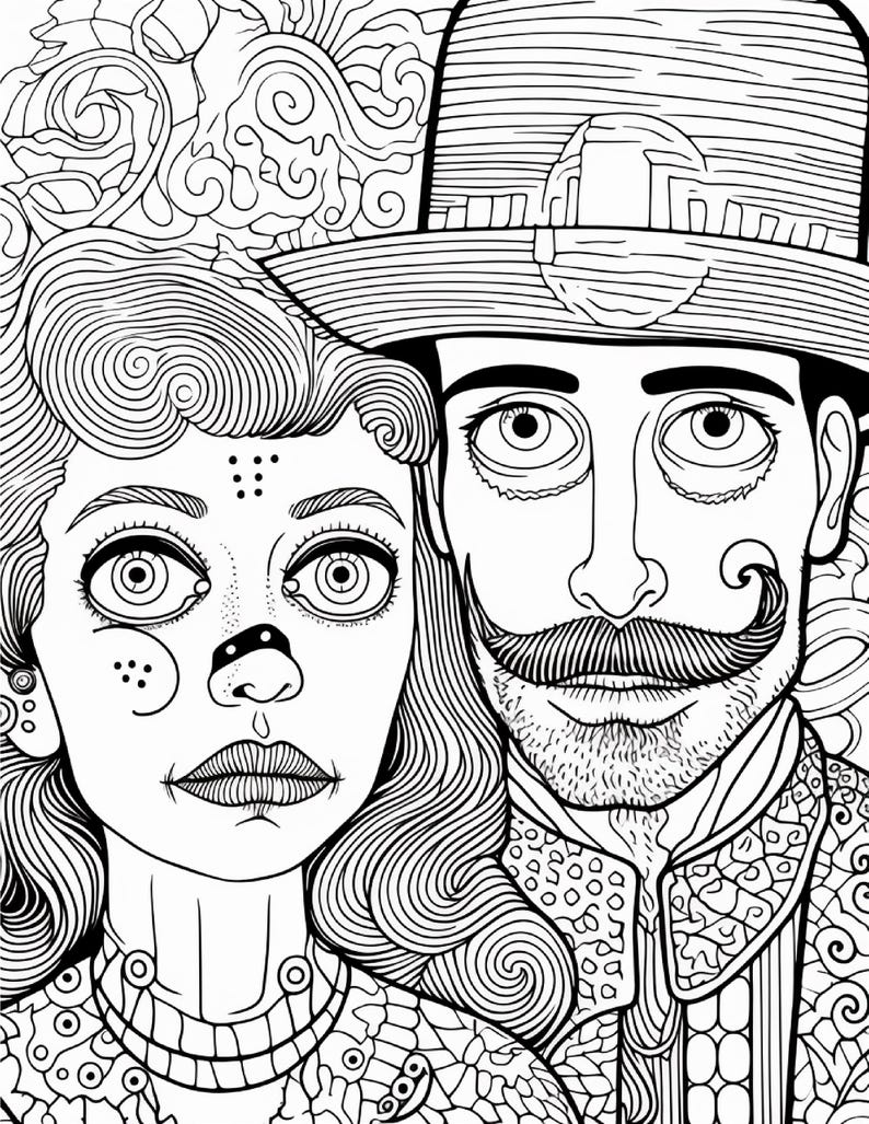 Op de afbeelding: Een zwart-wit lijntekening met een gestileerd portret van twee personen. De ene persoon heeft lang golvend haar en gezichtsmarkeringen, terwijl de andere een hoed met brede rand draagt en een opvallende snor heeft. De achtergrond is gevuld met wervelende patronen.
