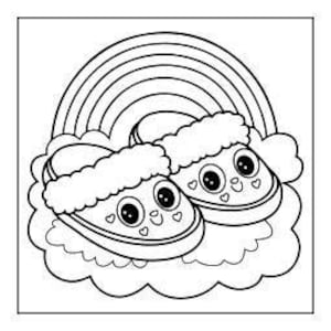 A line drawing of two fluffy slippers with smiling faces, sitting on clouds under a rainbow.