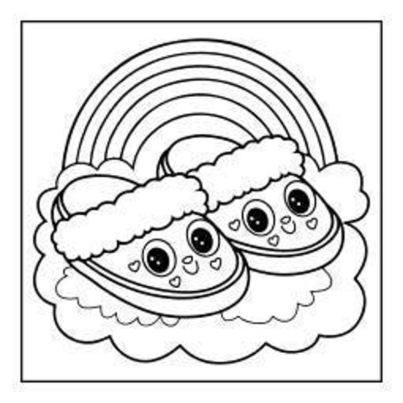 A line drawing of two fluffy slippers with smiling faces, sitting on clouds under a rainbow.
