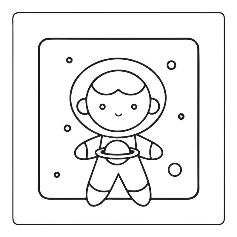 May include: A black and white line art illustration of a cartoon astronaut floating in space. The astronaut wears a round helmet and a suit, holding a small planet with rings in front of the torso. Several small circles represent stars.