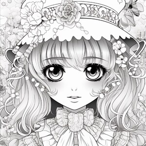 May include: A black and white line art illustration of a character with large eyes and wavy hair, wearing a wide-brimmed hat adorned with detailed floral patterns and ribbons. The character features a ruffled collar with a central bow tie.